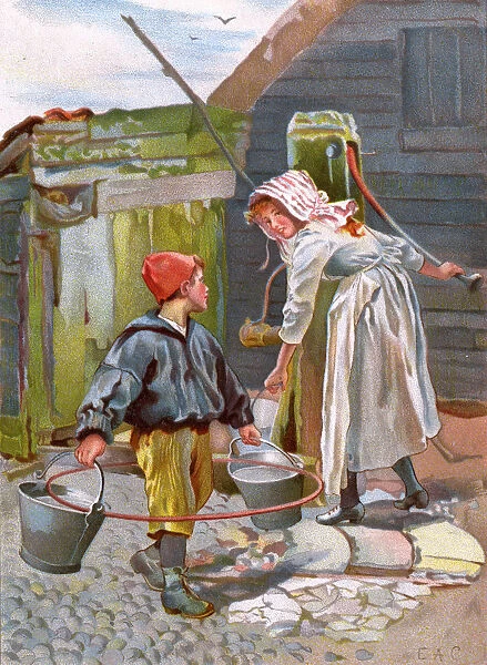 CHILDREN AT A PUMP. Two children fetch water from a pump - note the ingenious