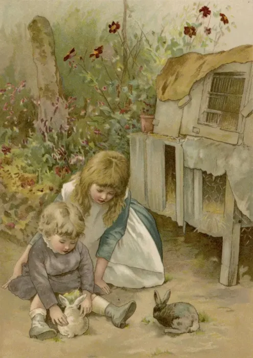 Framed Print : Children with Rabbits Framed Print : Children with Rabbits
