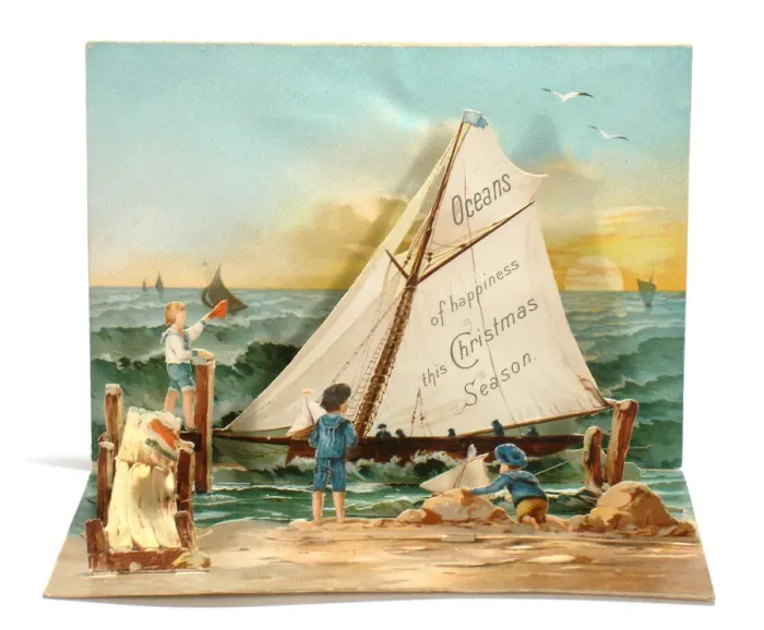 Framed Print : Children with a sailing boat on a Christmas card Framed Print : Children with a sailing boat on a Christmas card