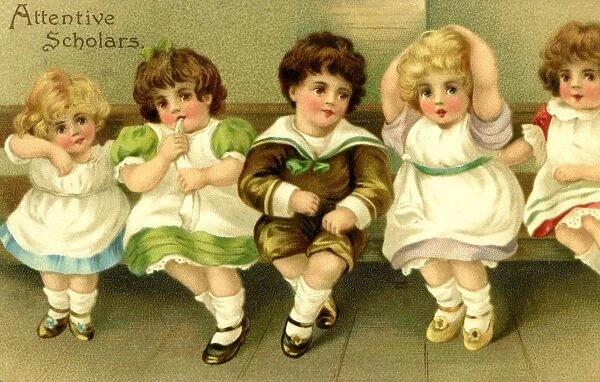 Children at school. Close up of attentive children.Date: 1900