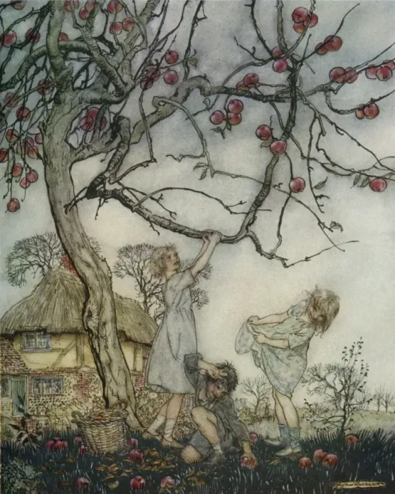 Framed Print : Children shaking apples off a tree Framed Print : Children shaking apples off a tree