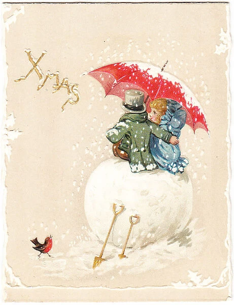 Two children sitting on large snowball on a Christmas card