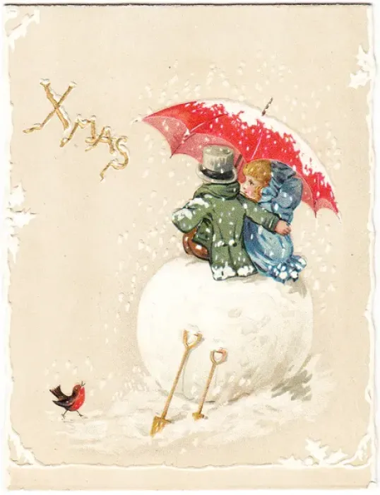 Framed Print : Two children sitting on large snowball on a Christmas card Framed Print : Two children sitting on large snowball on a Christmas card
