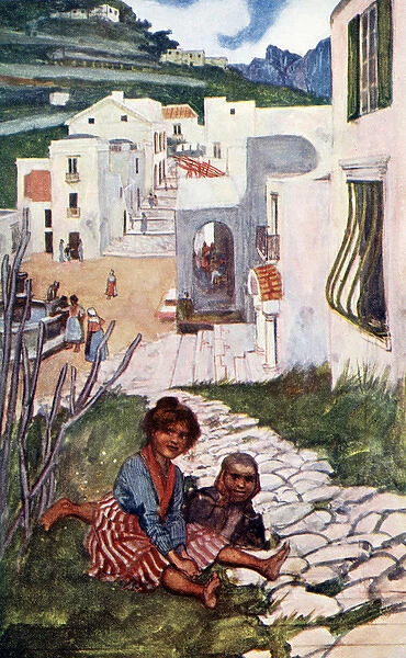 Children sitting in a street in Ravello, Italy