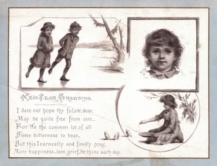 Framed Print : Children skating and feeding birds on a sepia New Year card Framed Print : Children skating and feeding birds on a sepia New Year card
