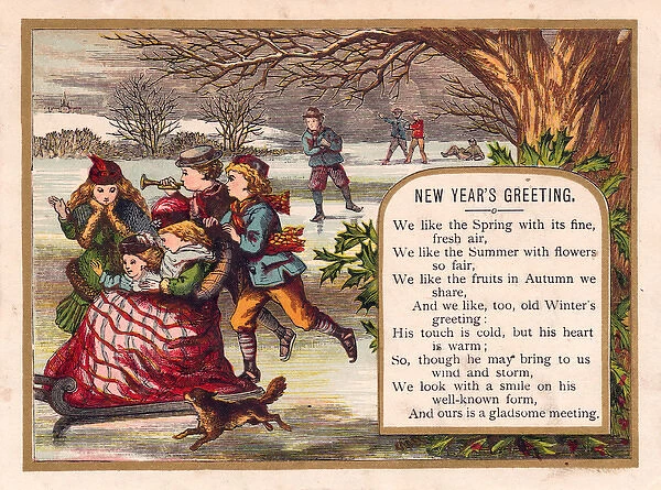 Children skating and sledding on a New Year card