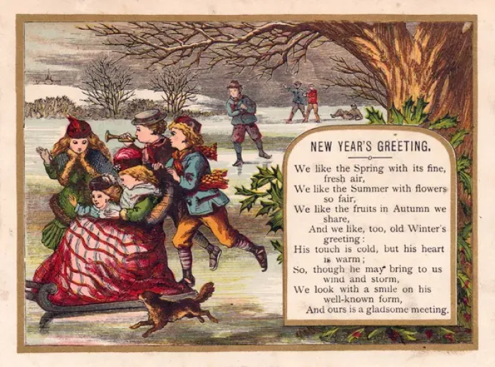 Framed Print : Children skating and sledding on a New Year card Framed Print : Children skating and sledding on a New Year card