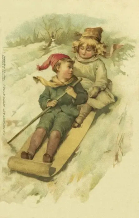 Framed Print : Two children on a sleigh in the snow Framed Print : Two children on a sleigh in the snow