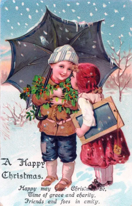 Framed Print : Children in the snow on a Christmas postcard Framed Print : Children in the snow on a Christmas postcard