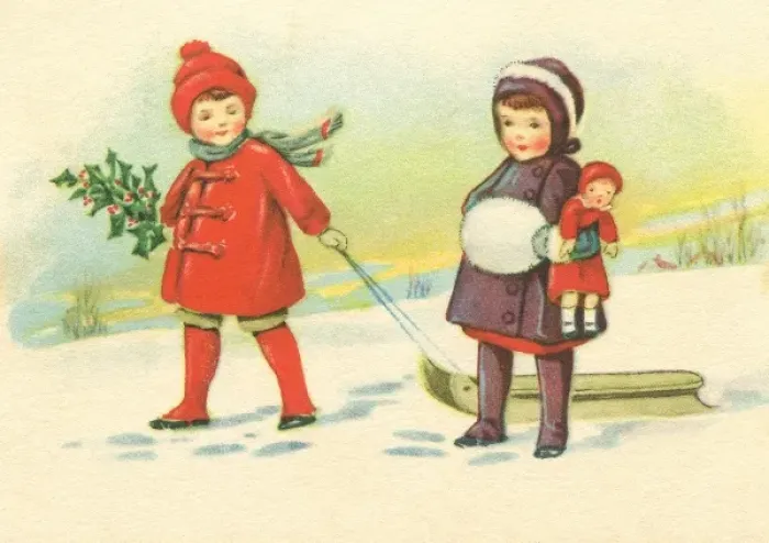 Framed Print : Children out in the snow with a sledge Framed Print : Children out in the snow with a sledge