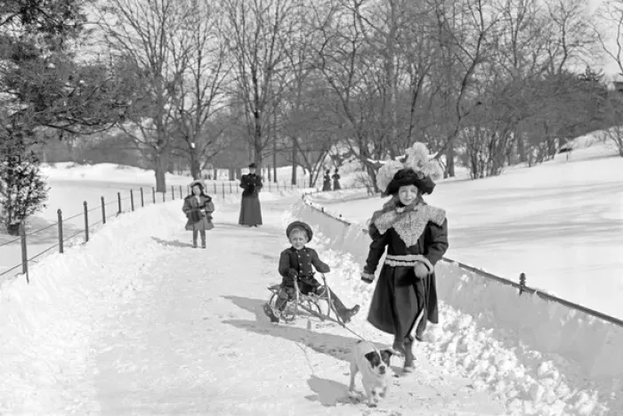 Framed Print : Children in the snow with a sledge in Cnetral Park in New Yo Framed Print : Children in the snow with a sledge in Cnetral Park in New Yo