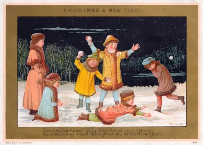 Framed Print : Six children snowballing on a Christmas card Framed Print : Six children snowballing on a Christmas card
