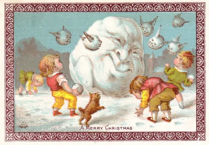 Framed Print : Four children snowballing on a Christmas card Framed Print : Four children snowballing on a Christmas card