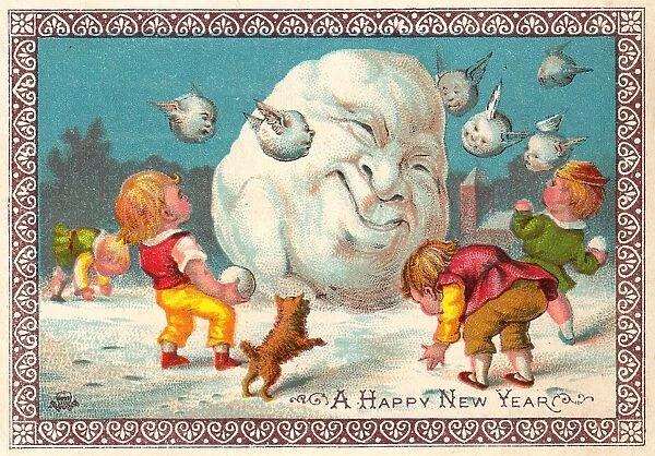 Four children snowballing on a New Year card