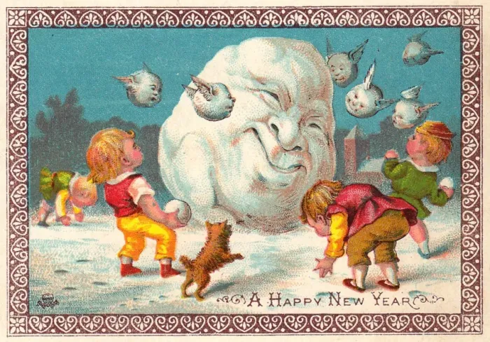 Framed Print : Four children snowballing on a New Year card Framed Print : Four children snowballing on a New Year card