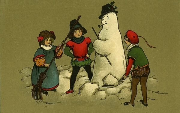Three children with a snowman