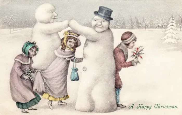 Framed Print : Children with snowmen on a Christmas postcard Framed Print : Children with snowmen on a Christmas postcard