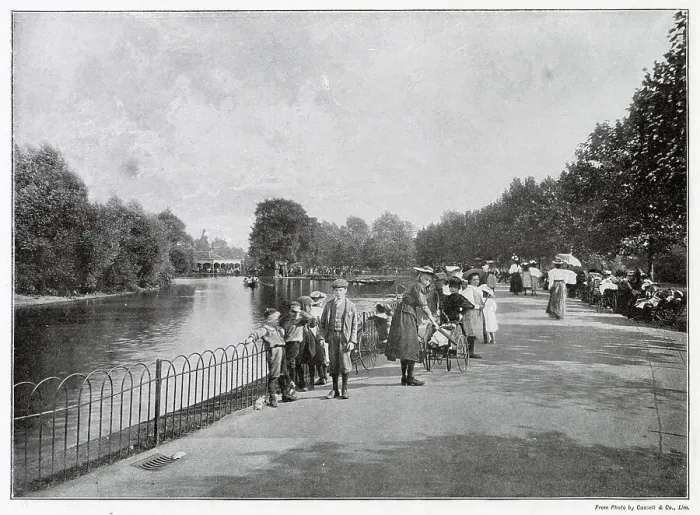 Framed Print : Children standing near the artificial lake in Finsbury Park, London. Date: 1901 Framed Print : Children standing near the artificial lake in Finsbury Park, London. Date: 1901