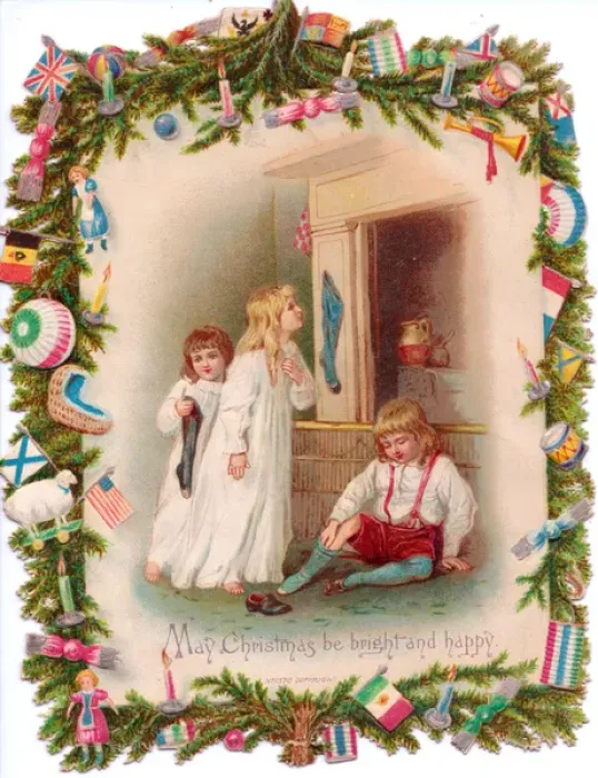 Framed Print : Three children and stockings on a Christmas card Framed Print : Three children and stockings on a Christmas card