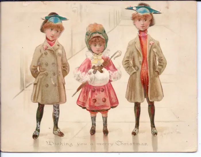 Framed Print : Three children in a street on a movable Christmas card Framed Print : Three children in a street on a movable Christmas card
