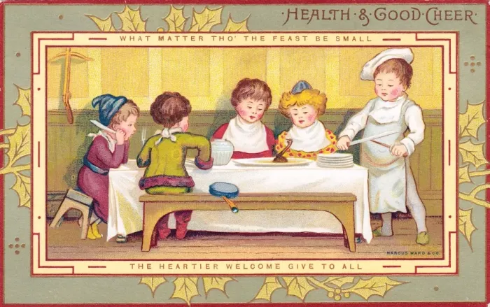 Framed Print : Five children at a table on a Christmas card Framed Print : Five children at a table on a Christmas card