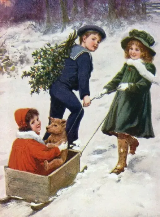 Framed Print : Children taking teddy for a ride across the snow Framed Print : Children taking teddy for a ride across the snow
