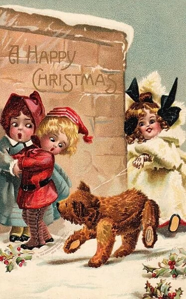 Children and teddy bear on a Christmas postcard