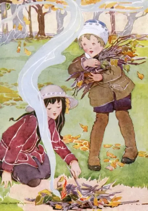 Framed Print : Two children tend to a fire Framed Print : Two children tend to a fire