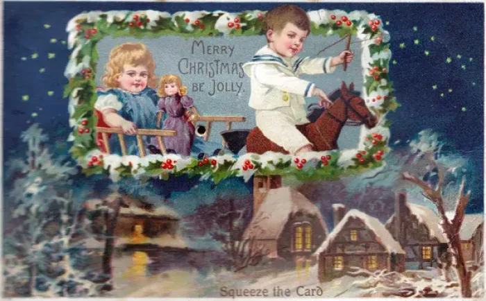 Framed Print : Children and toys on an audible Christmas card Framed Print : Children and toys on an audible Christmas card
