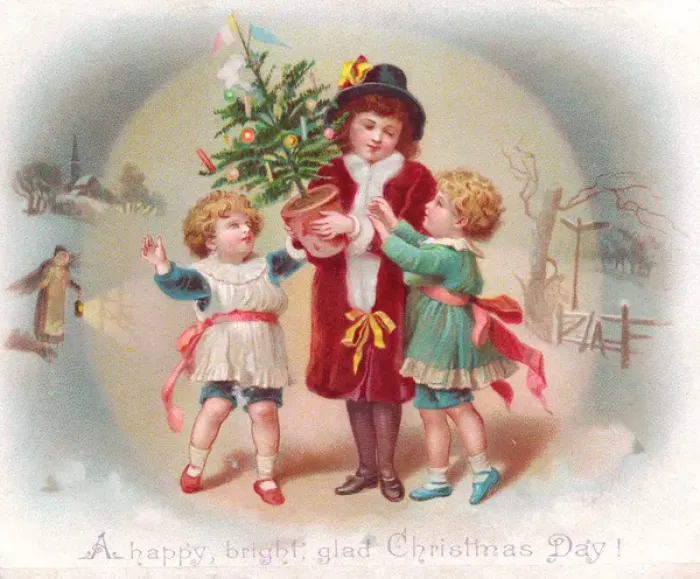 Framed Print : Three children with tree on a Christmas card Framed Print : Three children with tree on a Christmas card