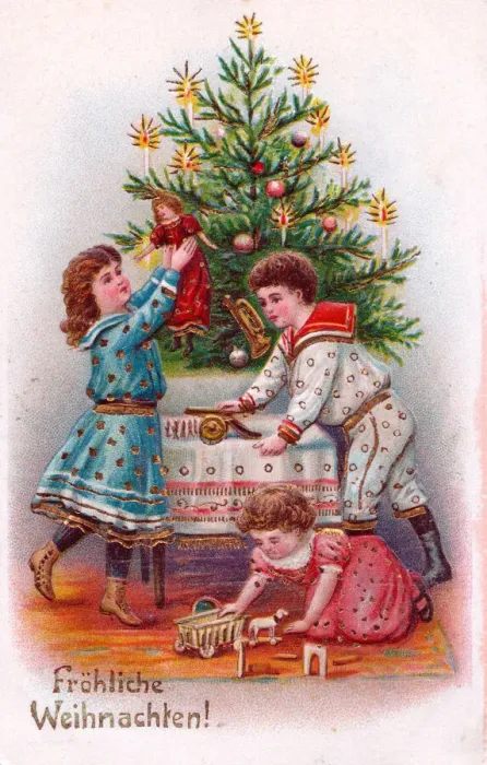 Framed Print : Children with tree on a German Christmas postcard Framed Print : Children with tree on a German Christmas postcard