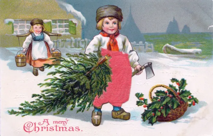 Framed Print : Children with tree and holly on a Christmas postcard Framed Print : Children with tree and holly on a Christmas postcard