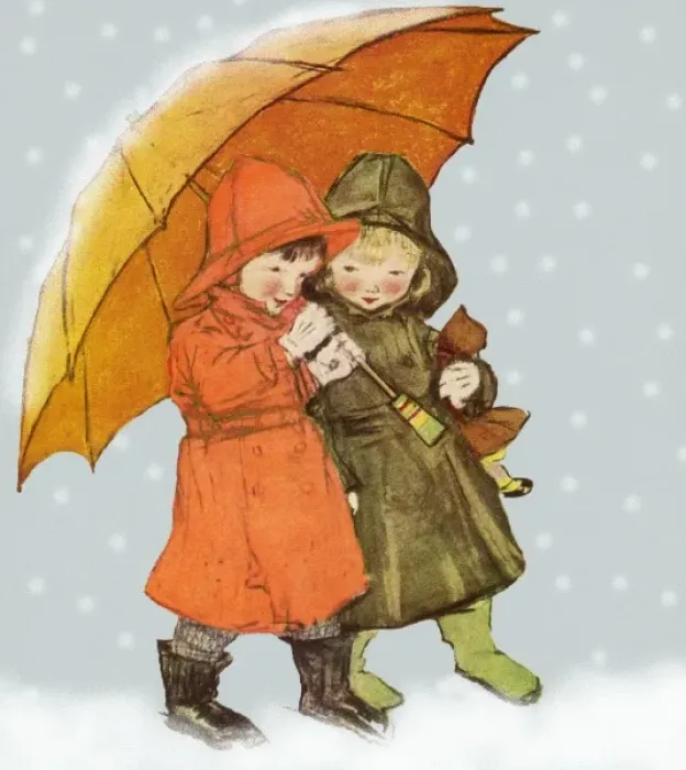 Framed Print : Two children with umbrella in snow Framed Print : Two children with umbrella in snow