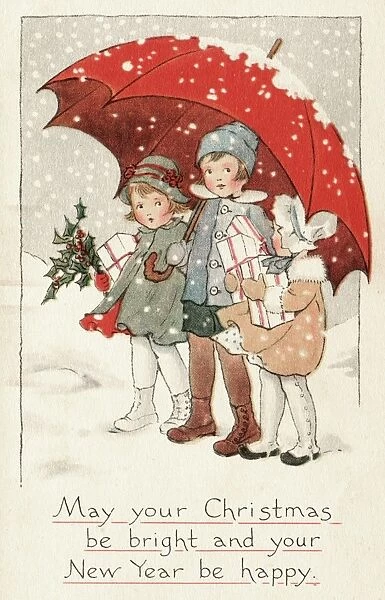 Children under an umbrella in the snow
