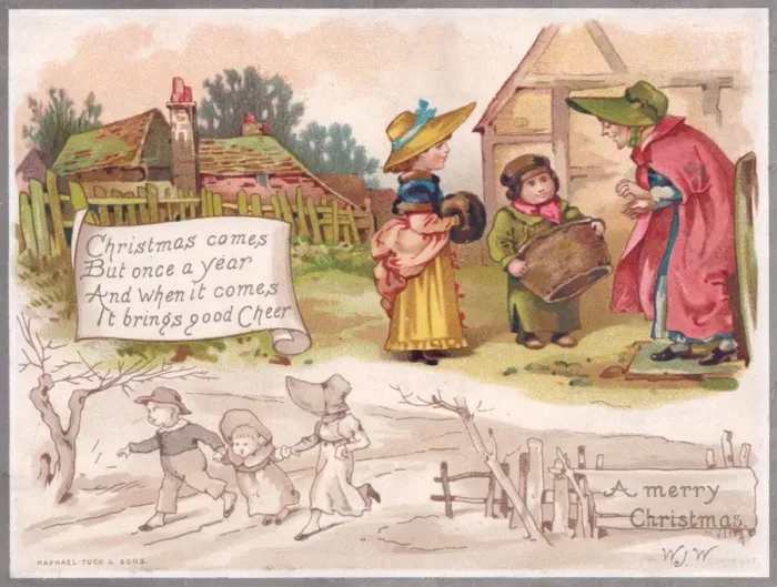 Framed Print : Two children visit an old lady on a Christmas card Framed Print : Two children visit an old lady on a Christmas card