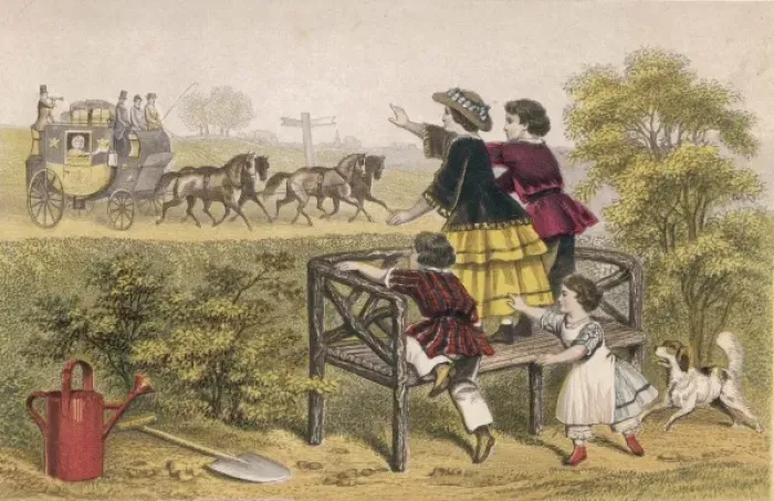 Framed Print : Children Wave Stagecoach Framed Print : Children Wave Stagecoach
