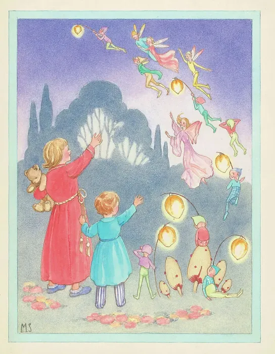 Framed Print : Children waving to fairies Children's Postcard Framed Print : Children waving to fairies Children's Postcard