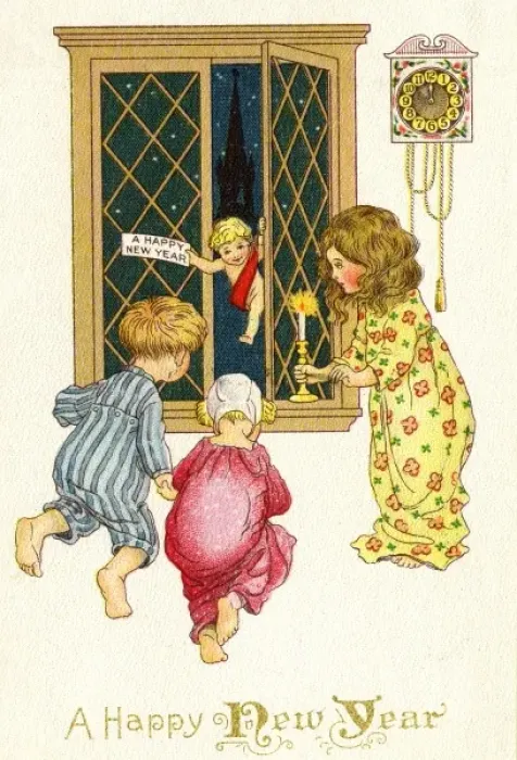 Framed Print : Three children welcome in the New Year Framed Print : Three children welcome in the New Year