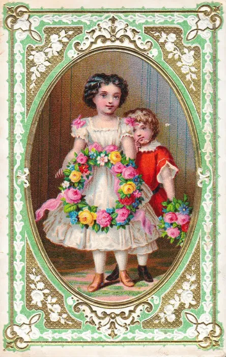 Framed Print : Children with a wreath of roses on an ornate greetings card Framed Print : Children with a wreath of roses on an ornate greetings card