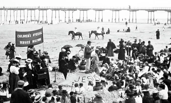 Framed Print : Childrens Church Service on the beach at Saltburn Framed Print : Childrens Church Service on the beach at Saltburn