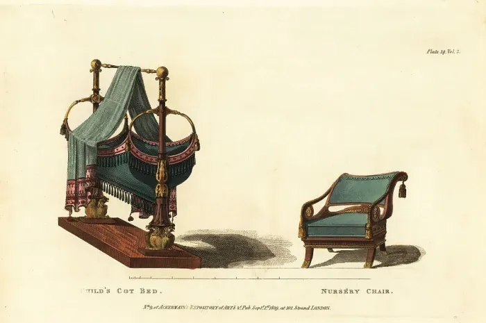 Framed Print : Child's cot bed and nursery chair, Regency era Framed Print : Child's cot bed and nursery chair, Regency era