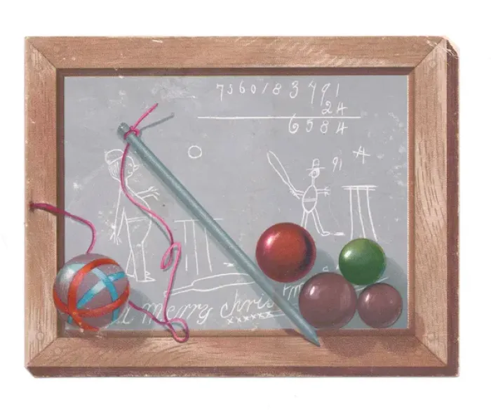 Framed Print : Childs slate with pen and baubles on a Christmas card Framed Print : Childs slate with pen and baubles on a Christmas card