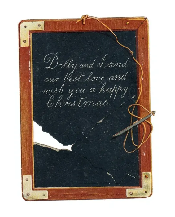 Framed Print : Childs slate with pen and greeting on a Christmas card Framed Print : Childs slate with pen and greeting on a Christmas card