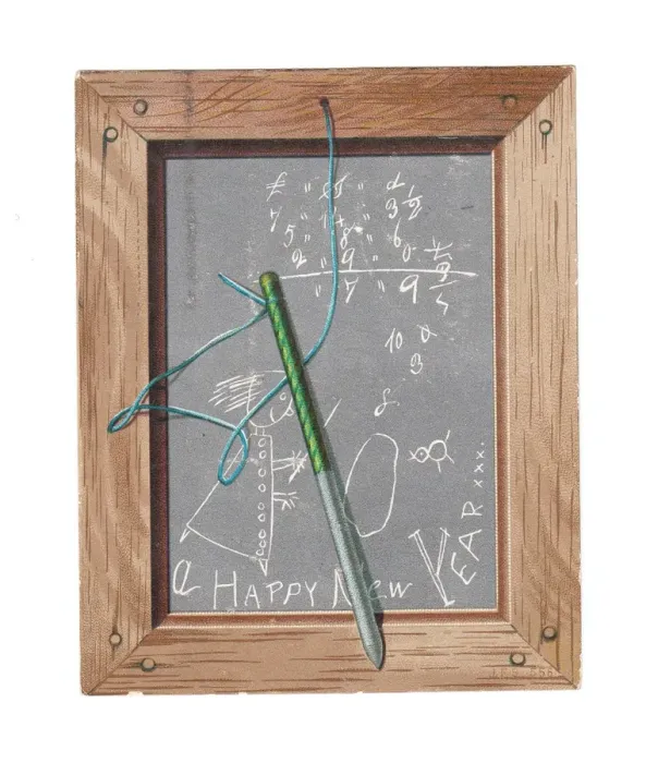 Framed Print : Childs slate with pen and scribbles on a New Year card Framed Print : Childs slate with pen and scribbles on a New Year card