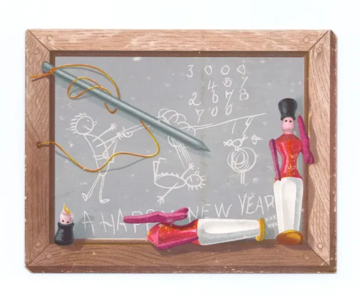 Framed Print : Childs slate with pen and toy soldiers on a New Year card Framed Print : Childs slate with pen and toy soldiers on a New Year card
