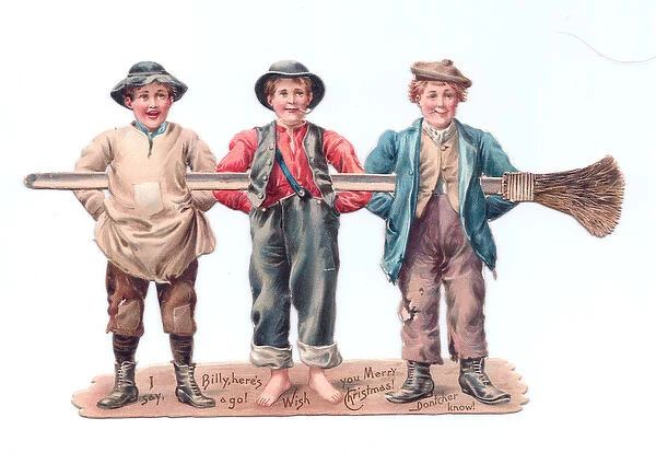 Three chimney sweep boys on a cutout Christmas card