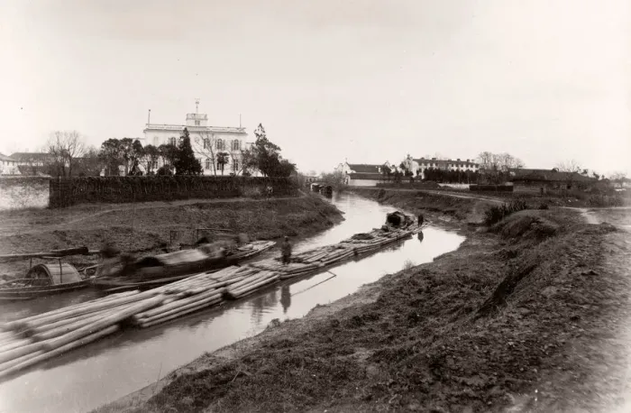 Framed Print : China c. 1880s - floating logs down a canal, Shanghai Framed Print : China c. 1880s - floating logs down a canal, Shanghai