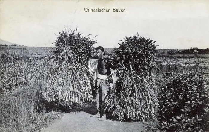 Framed Print : China - Chinese Farmer carrying two large bundles of a yolk Framed Print : China - Chinese Farmer carrying two large bundles of a yolk