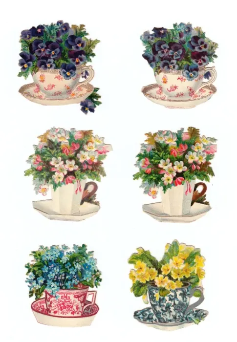 Framed Print : China cups with flowers on six Victorian scraps Framed Print : China cups with flowers on six Victorian scraps