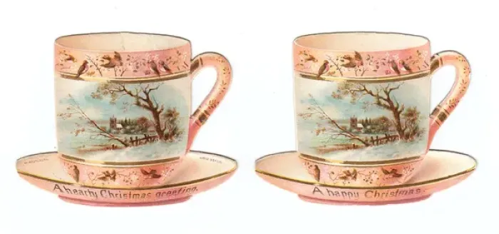 Framed Print : China cups and saucers on two cutout Christmas cards Framed Print : China cups and saucers on two cutout Christmas cards